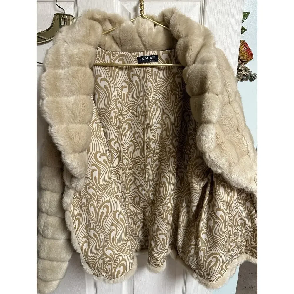 IDEOLOGY LIGHT TAN BROWN FAUX FUR JACKET RETRO STYLE Honey Coat Soft XL Hook Eye - Picture 10 of 10